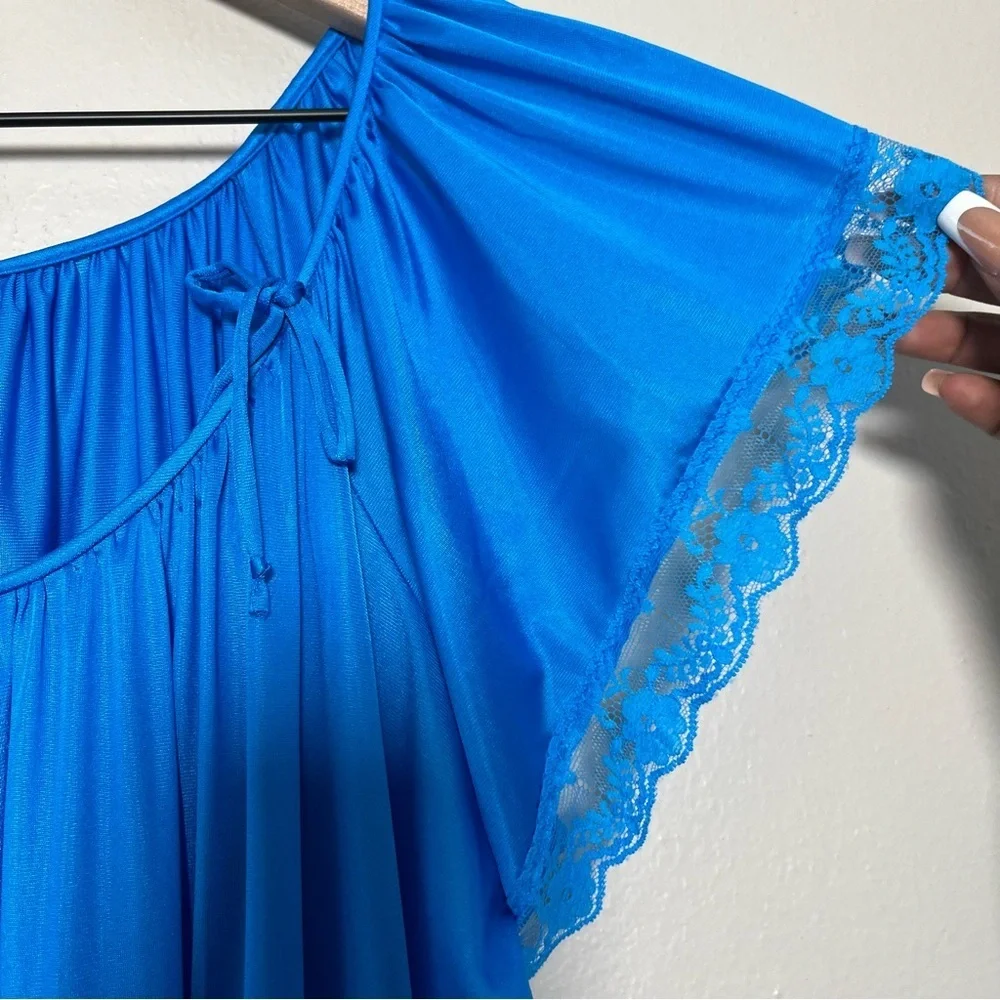 VTG 80s Henson Kickernick Women Maxi Nightgown Dress Lace Cottagecore Blue‎